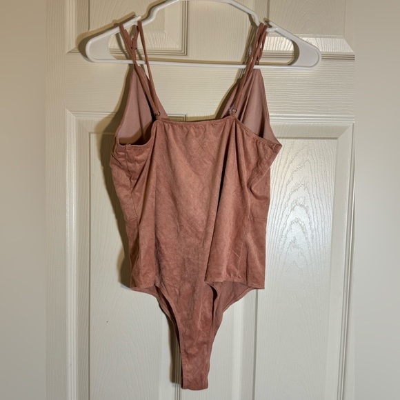 Haute Monde Ladder Cut Out Spaghetti Strap Bodysuit in Pink suede microfiber - Picture 2 of 11